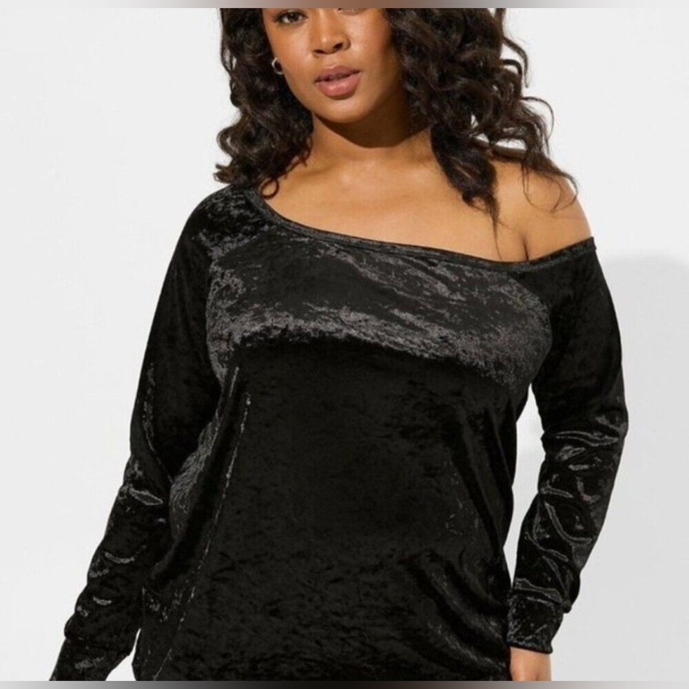 NWT Torrid Top Crushed Velvet Off-Shoulder Sweatshirt Black Size 1X